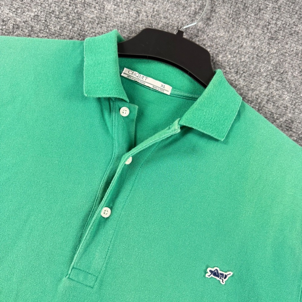 Criquet Polo Shirt Mens XL Green Organic Cotton Short Sleeve Cricket Logo Pique